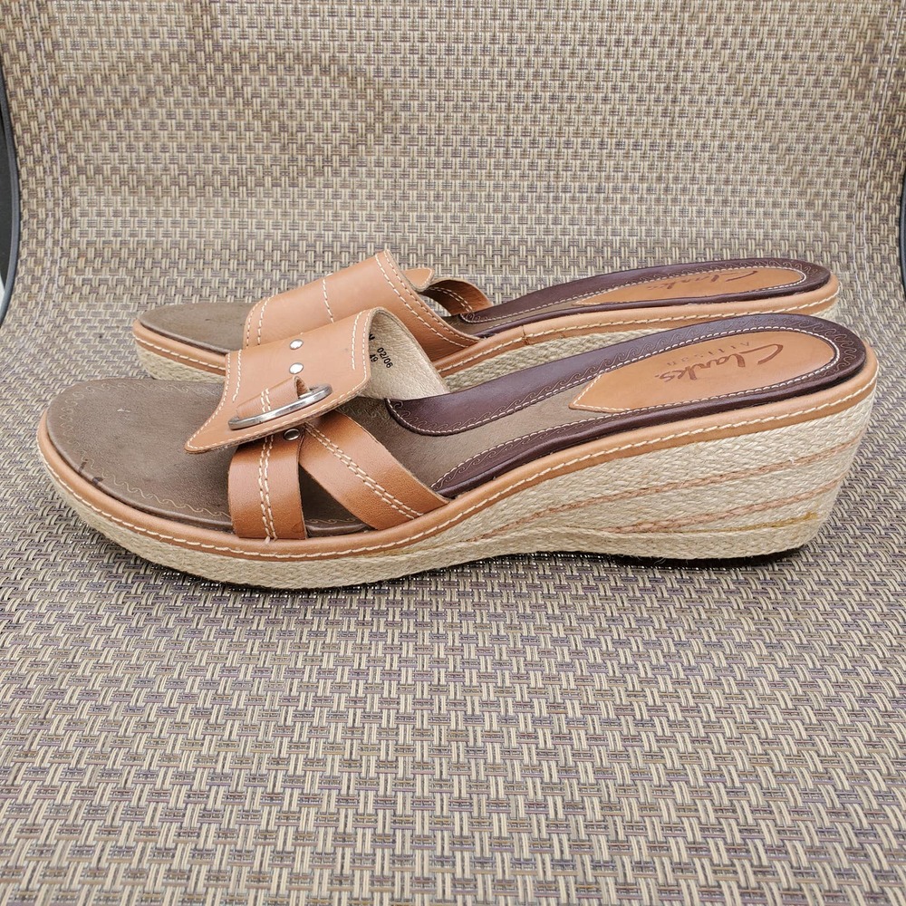 Clarks Artisan Wedge Espadrille Slip On Tan Leather Buckle Sandal Size 10M
